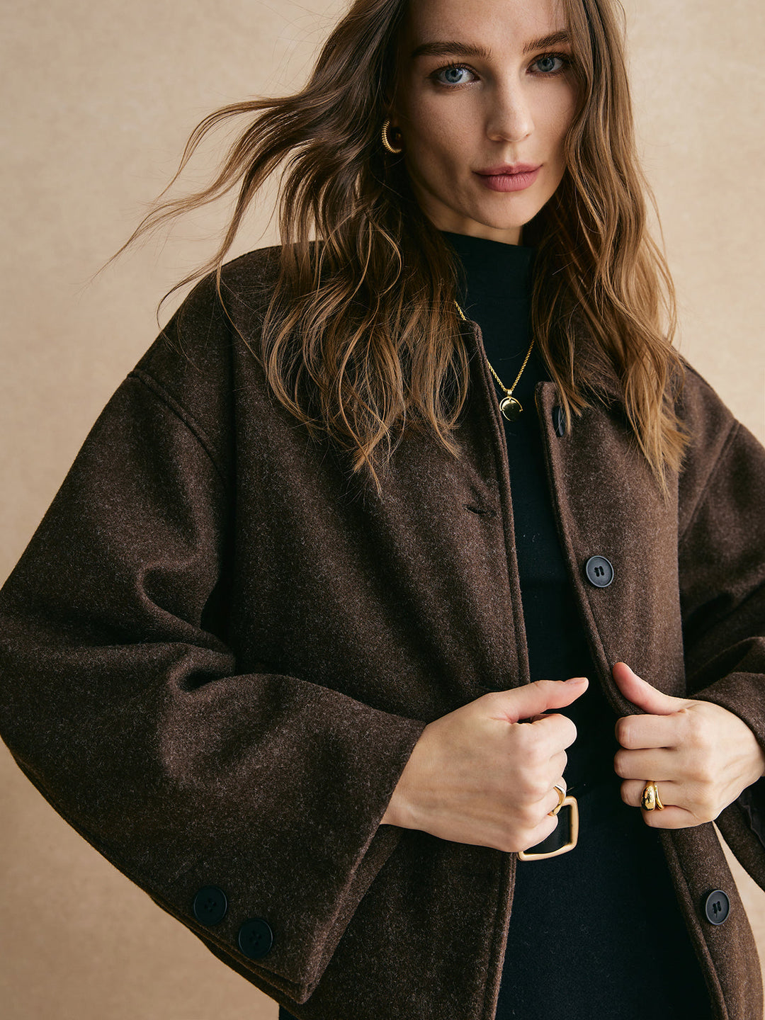 Veste Cape Marron | Mélange de Laine | Coupe Ample Élégante