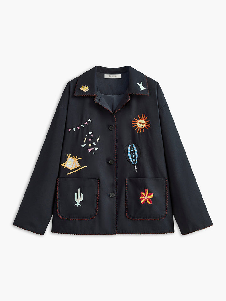 Veste Noire Brodée | Motifs Célestes | Élégance Artistique