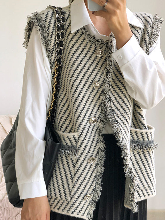 Gilet Pied-de-Poule Sans Manches | Élégant & Moderne | Bordures Effilochées