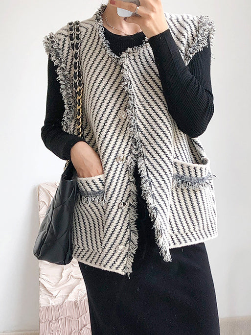 Gilet Pied-de-Poule Sans Manches | Élégant & Moderne | Bordures Effilochées
