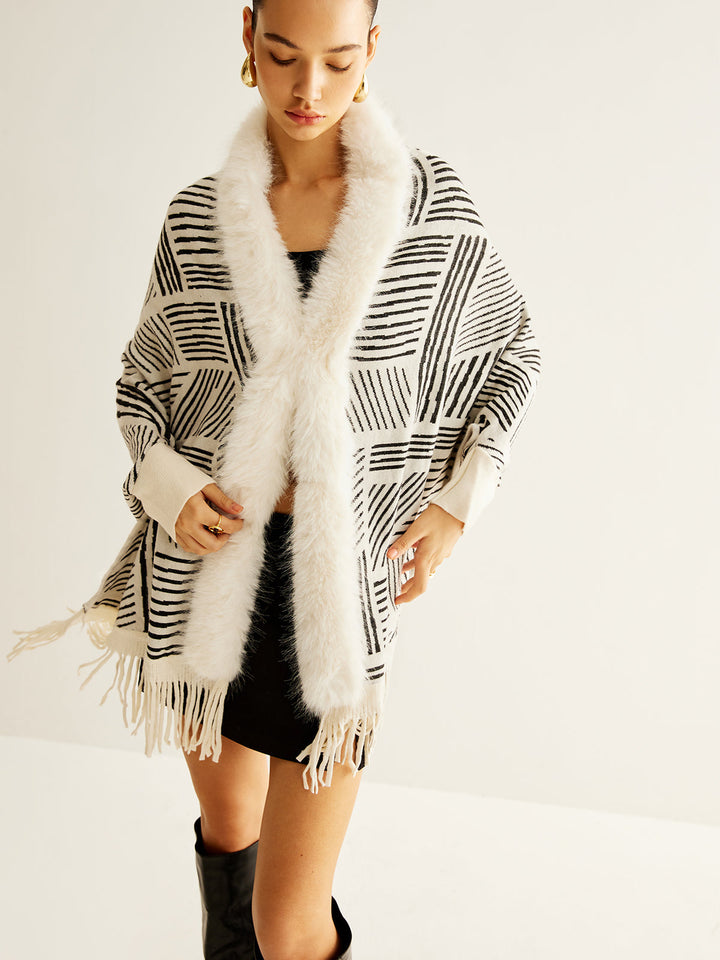 Poncho Géométrique avec Fausse Fourrure | Élégant & Chaleureux | Style Bohème