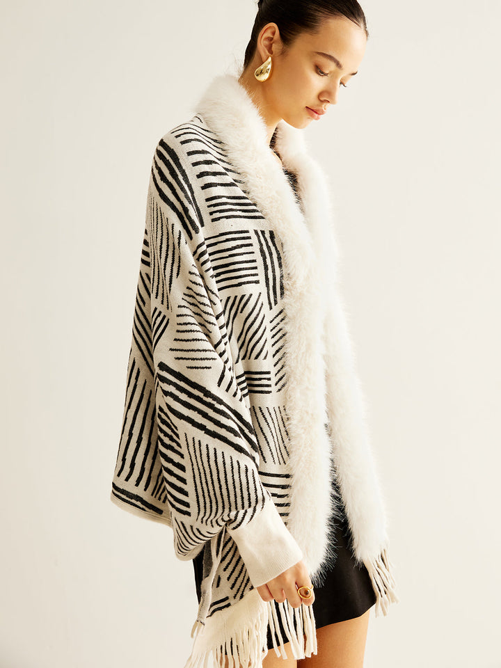 Poncho Géométrique avec Fausse Fourrure | Élégant & Chaleureux | Style Bohème