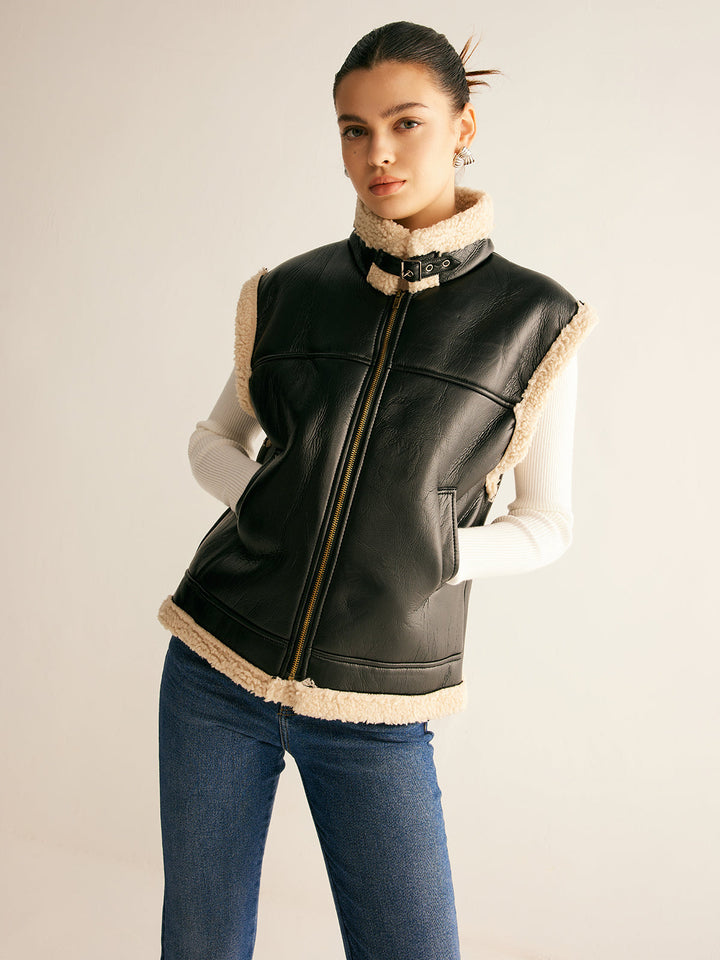 Veste Sans Manches en Cuir Synthétique | Chaude & Moderne | Doublure Sherpa