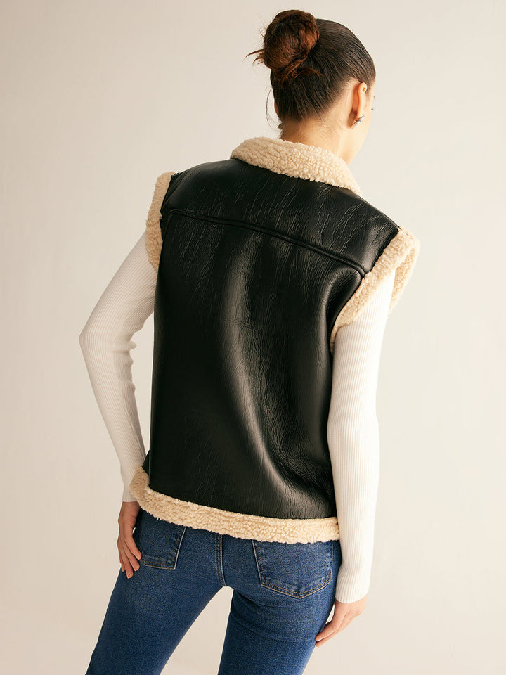 Veste Sans Manches en Cuir Synthétique | Chaude & Moderne | Doublure Sherpa