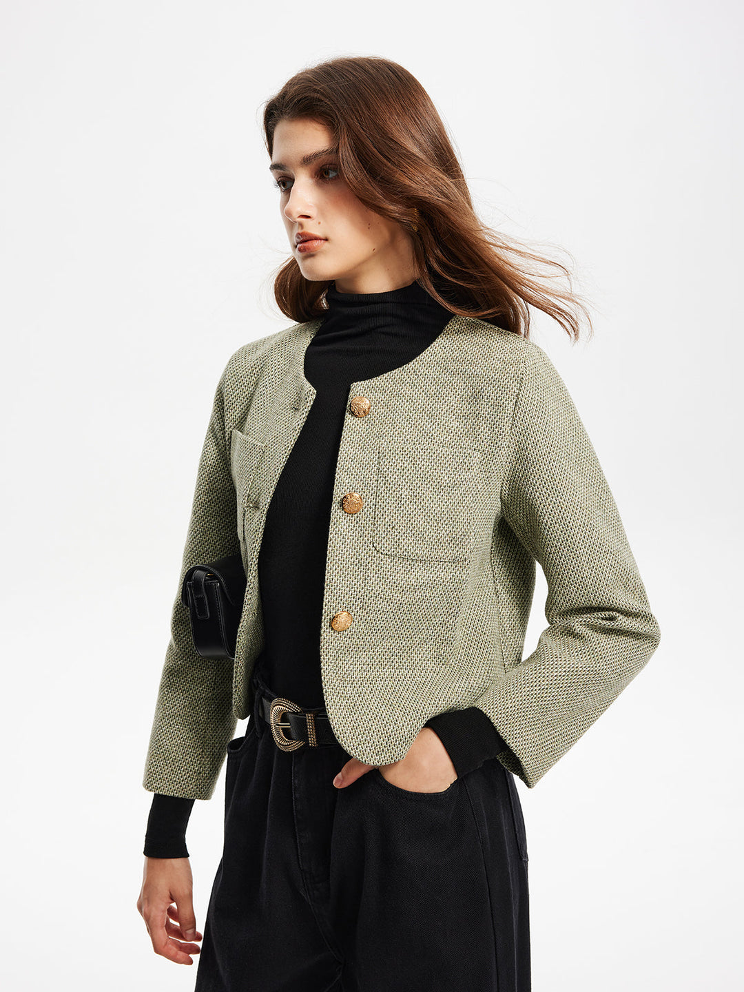 Veste Courte en Tweed | Vert Clair | Élégance Classique