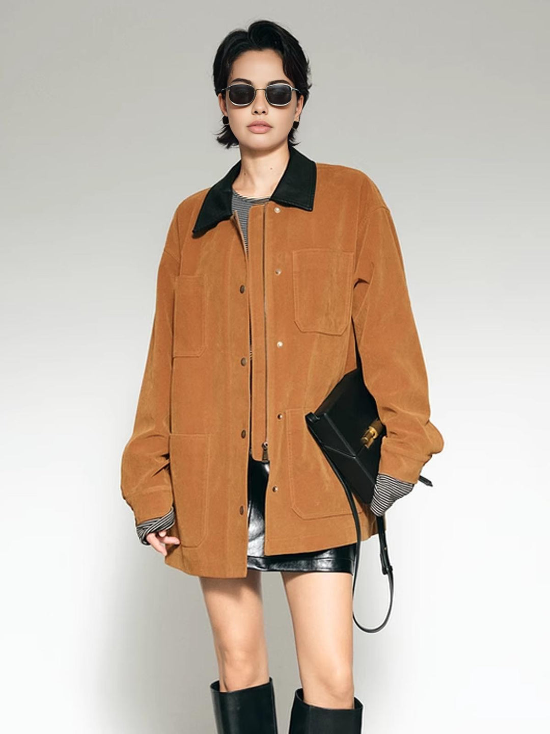 Veste Oversize en Velours Côtelé | Marron Caramel avec Col Contrasté