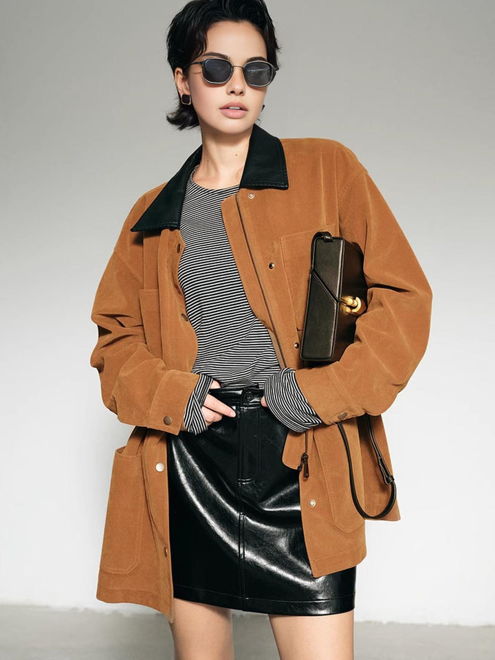 Veste Oversize en Velours Côtelé | Marron Caramel avec Col Contrasté