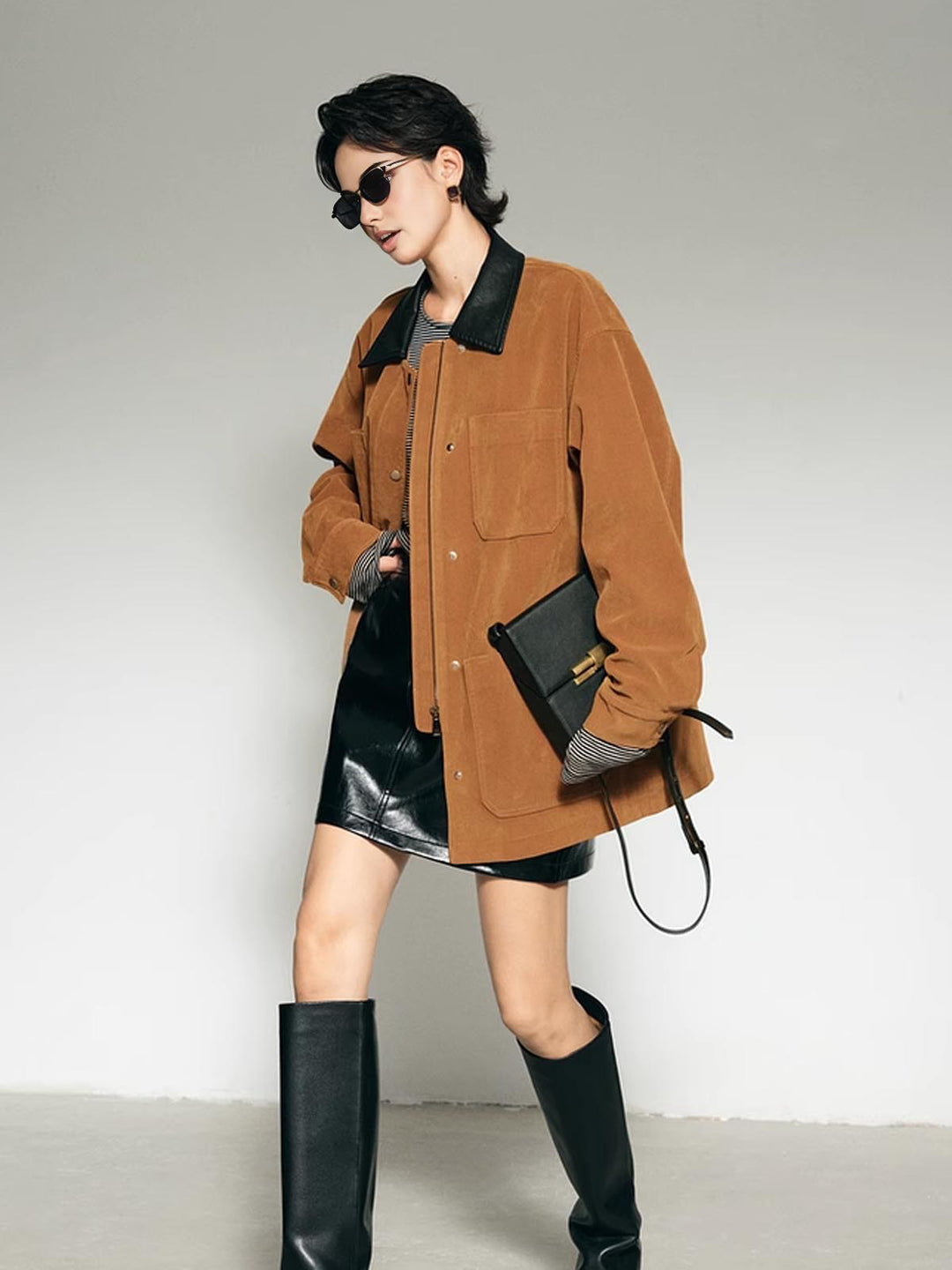 Veste Oversize en Velours Côtelé | Marron Caramel avec Col Contrasté