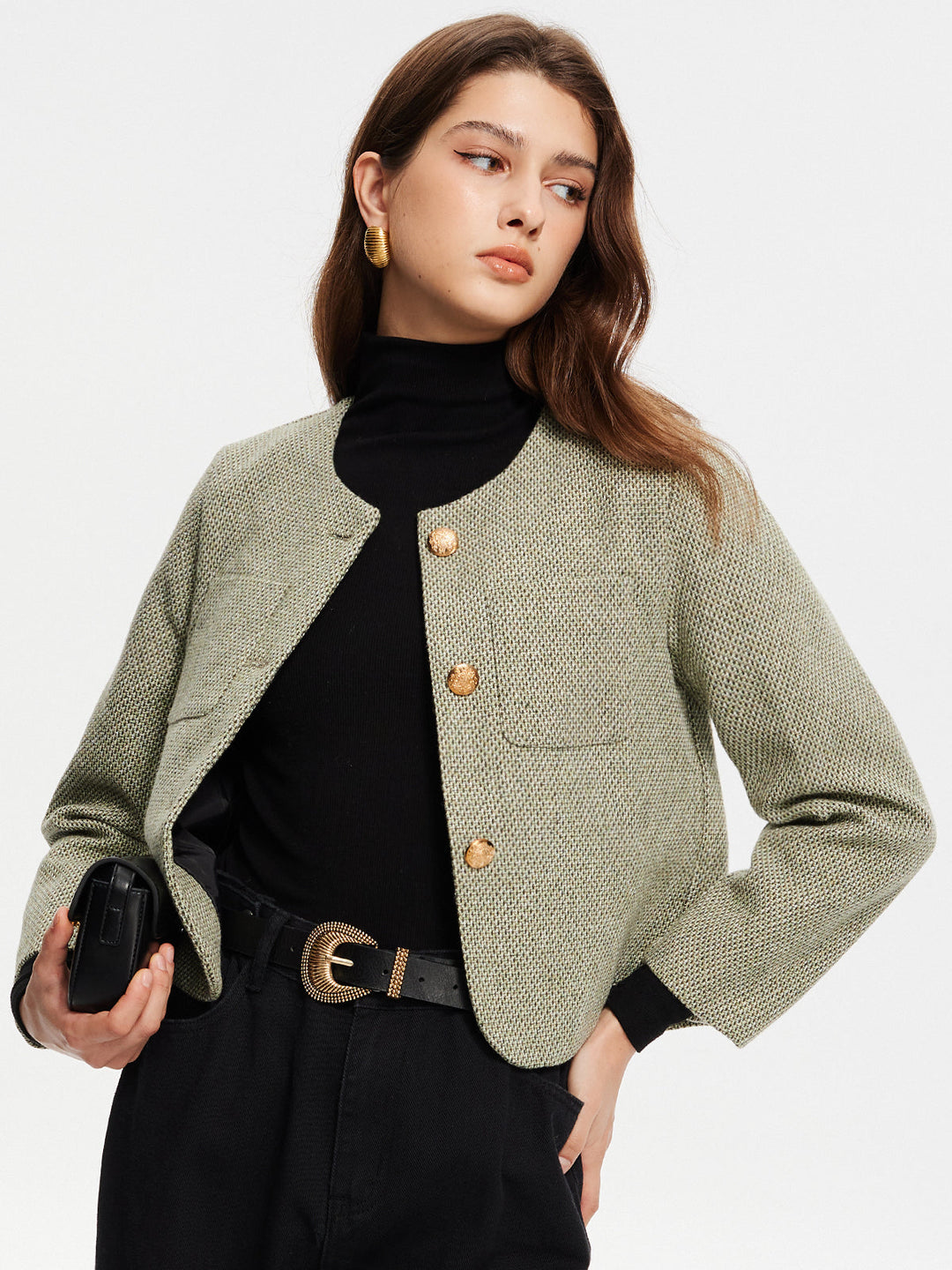 Veste Courte en Tweed | Vert Clair | Élégance Classique