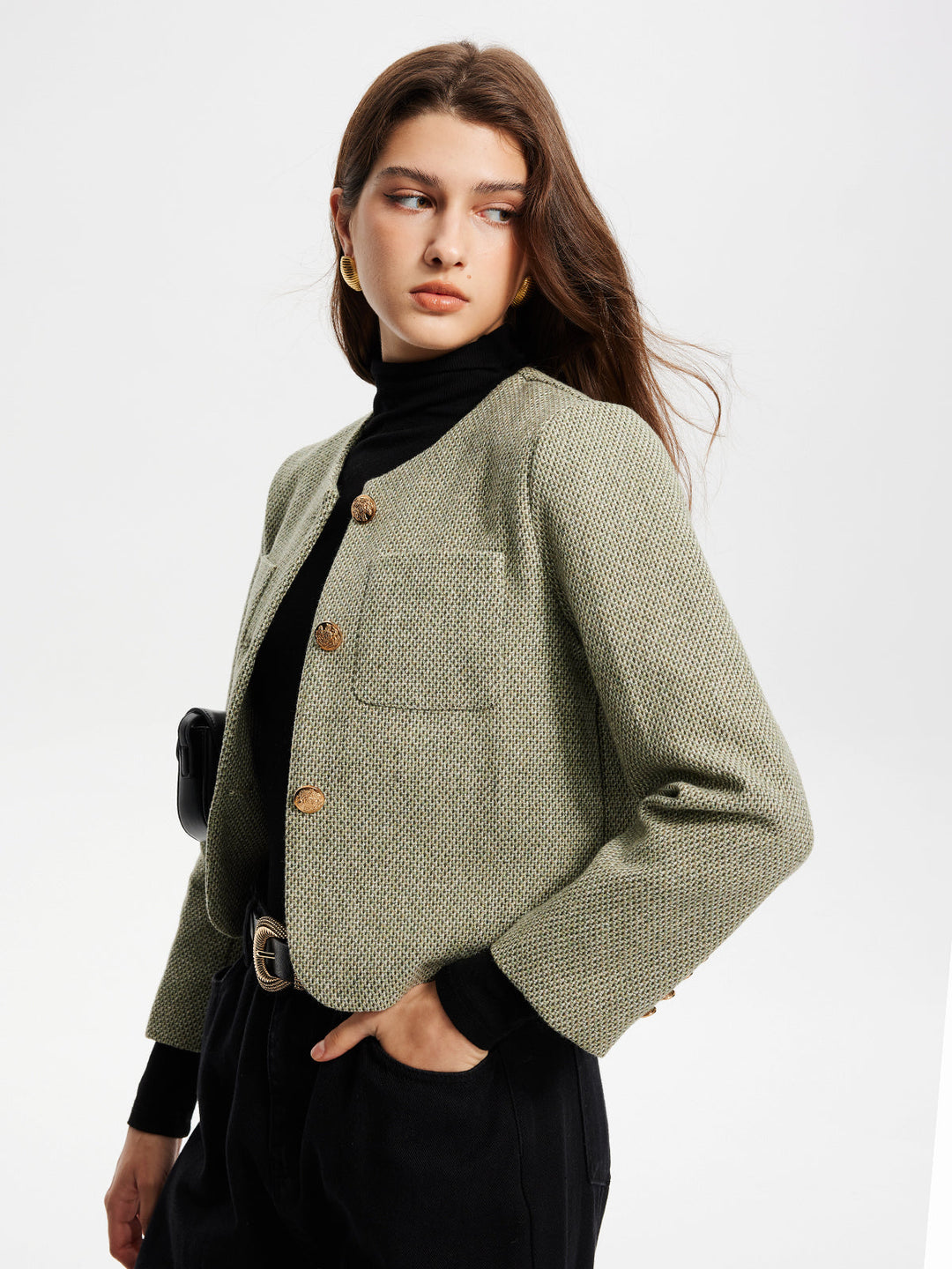 Veste Courte en Tweed | Vert Clair | Élégance Classique