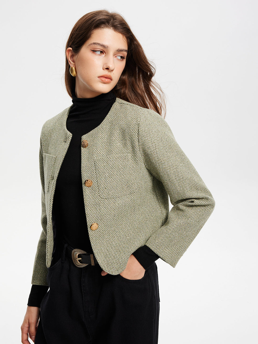 Veste Courte en Tweed | Vert Clair | Élégance Classique