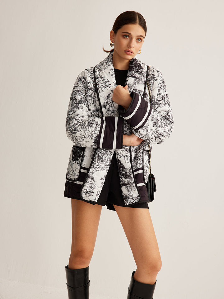 Veste Kimono Imprimée | Noir et Blanc | Élégance Graphique
