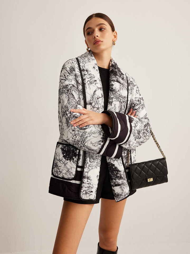 Veste Kimono Imprimée | Noir et Blanc | Élégance Graphique