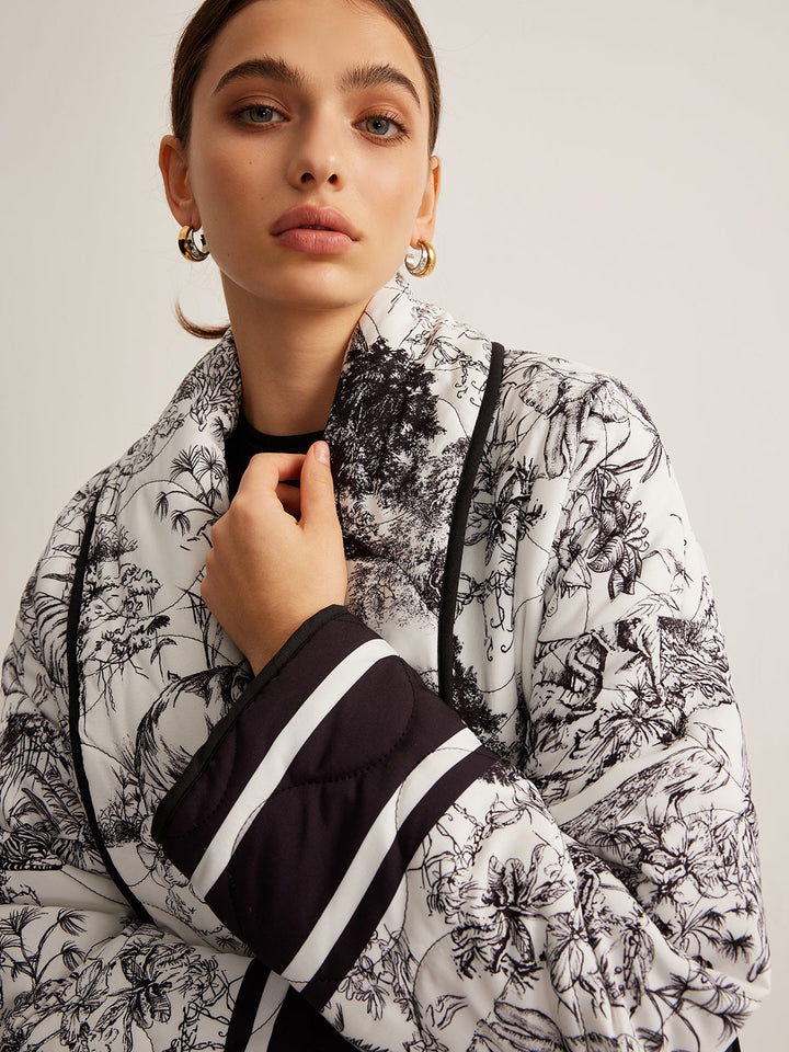 Veste Kimono Imprimée | Noir et Blanc | Élégance Graphique