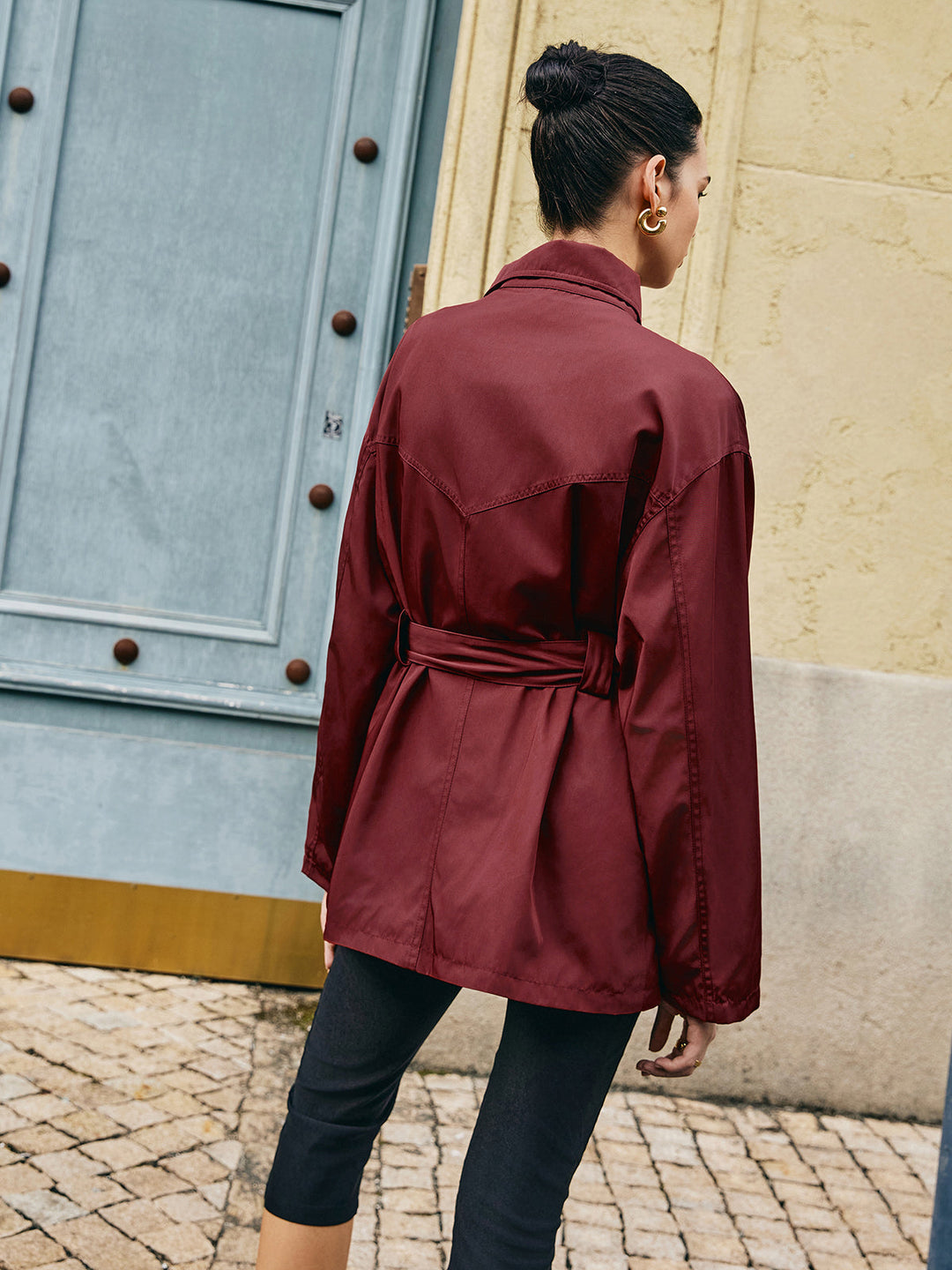 Veste Ceinturée Satinée | Bordeaux | Élégance Décontractée