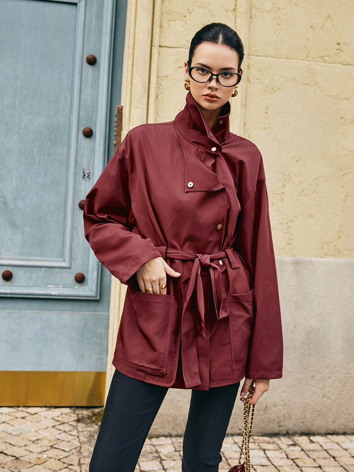 Veste Ceinturée Satinée | Bordeaux | Élégance Décontractée