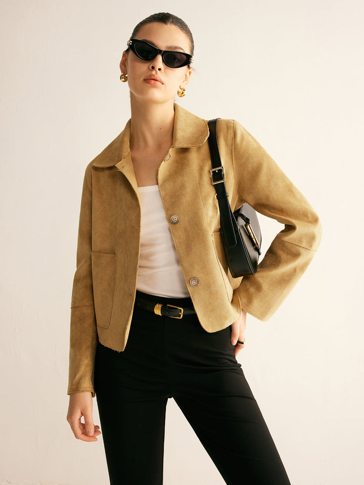 Veste Courte | Daim Synthétique | Camel Élégant