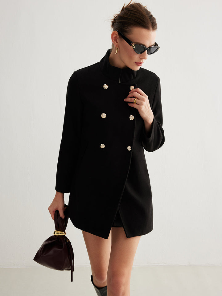 Veste Longue en Laine Mélangée | Noir | Boutons Dorés