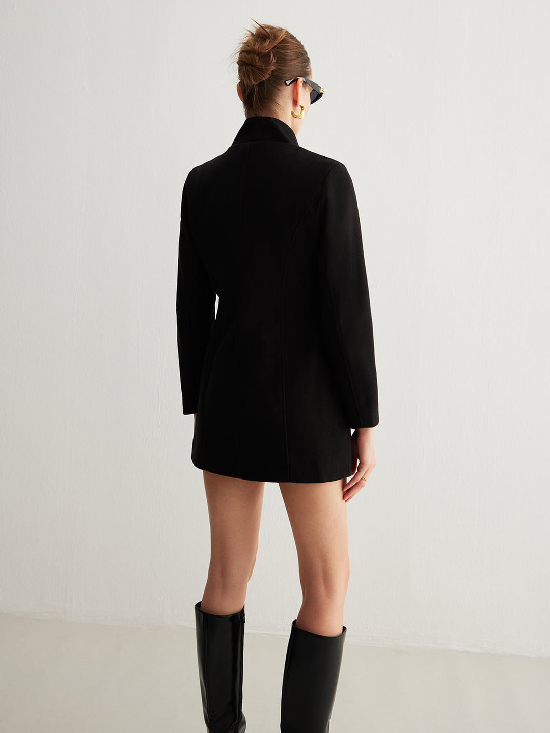 Veste Longue en Laine Mélangée | Noir | Boutons Dorés