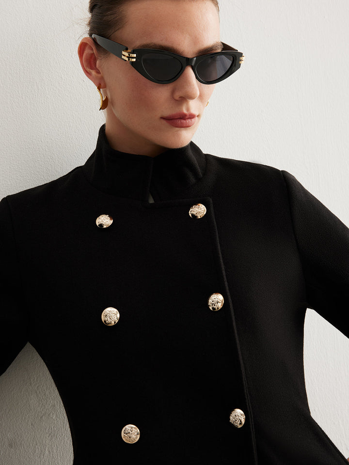 Veste Longue en Laine Mélangée | Noir | Boutons Dorés