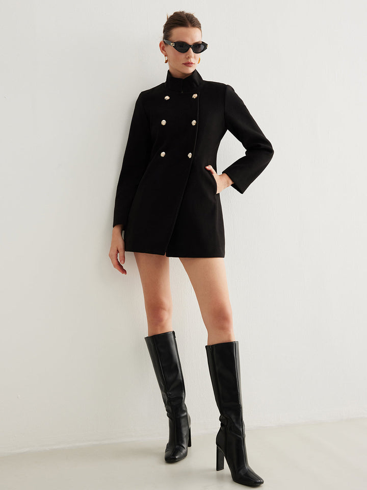 Veste Longue en Laine Mélangée | Noir | Boutons Dorés