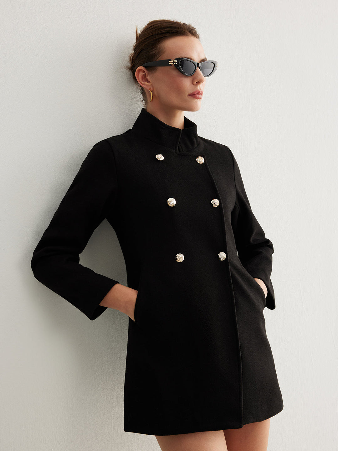 Veste Longue en Laine Mélangée | Noir | Boutons Dorés