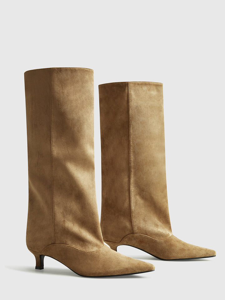 Bottes Hautes En Daim À Talon Kitten Pour Femme – Chaussures Chics Automne Hiver