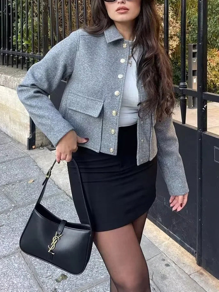 Veste Courte en Laine Mélangée | Gris | Boutons Dorés