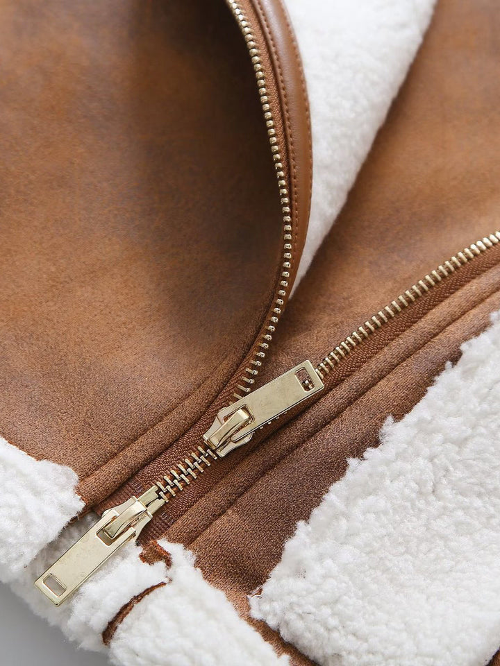 Veste Aviateur Courte Marron Caramel | Fausse Fourrure | Style Moderne