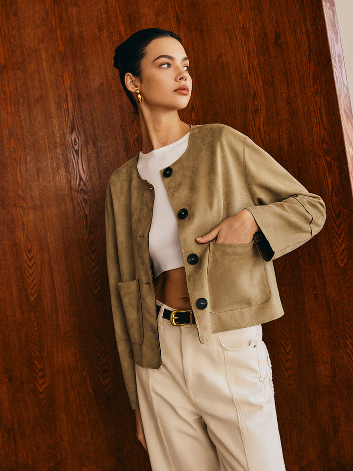 Veste Courte en Daim Synthétique Beige | Minimaliste & Moderne | Coupe Ample