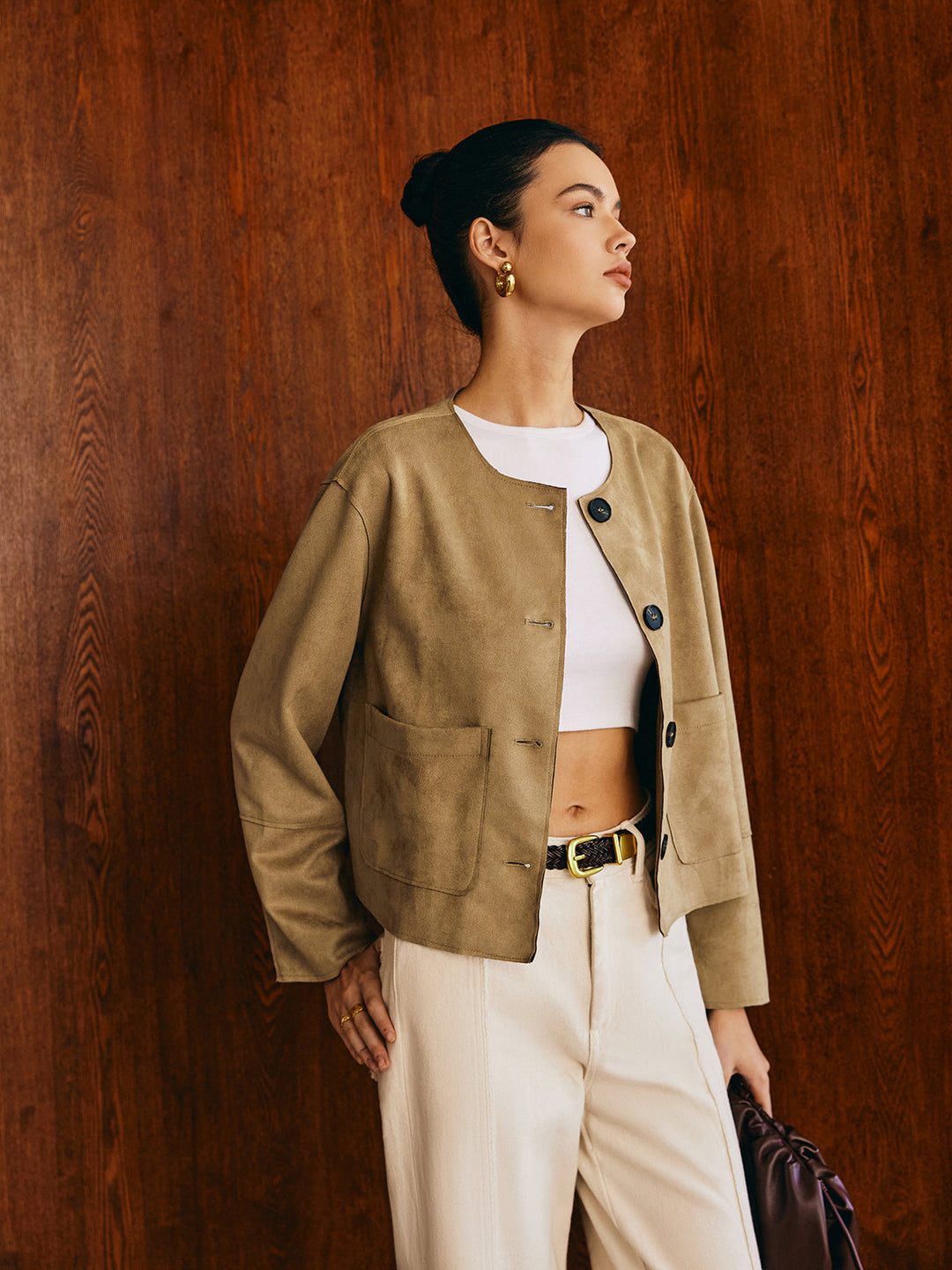 Veste Courte en Daim Synthétique Beige | Minimaliste & Moderne | Coupe Ample