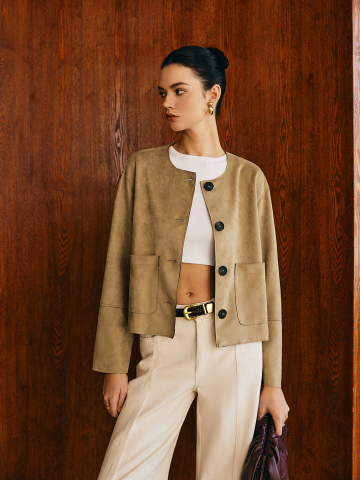 Veste Courte en Daim Synthétique Beige | Minimaliste & Moderne | Coupe Ample