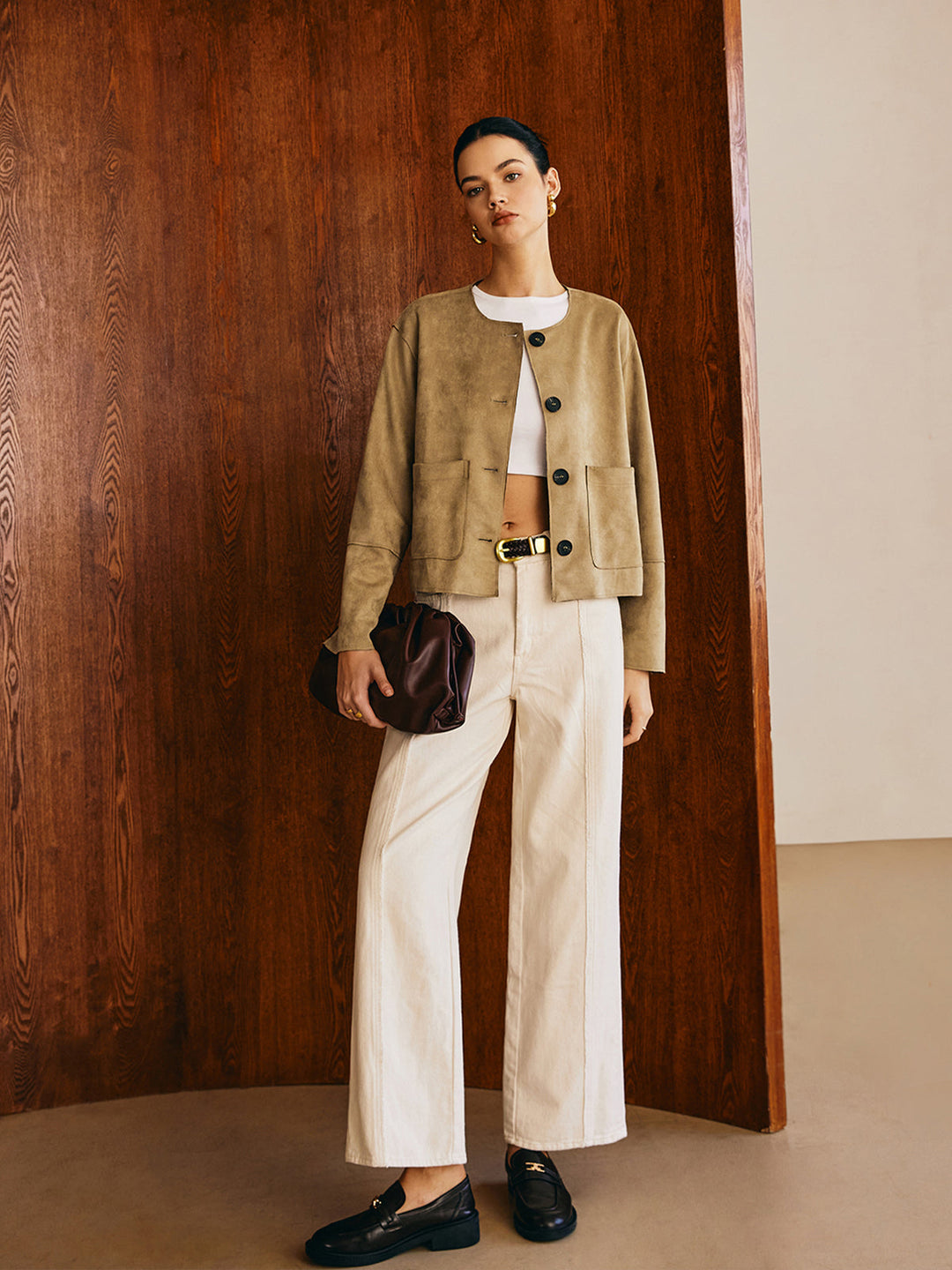 Veste Courte en Daim Synthétique Beige | Minimaliste & Moderne | Coupe Ample