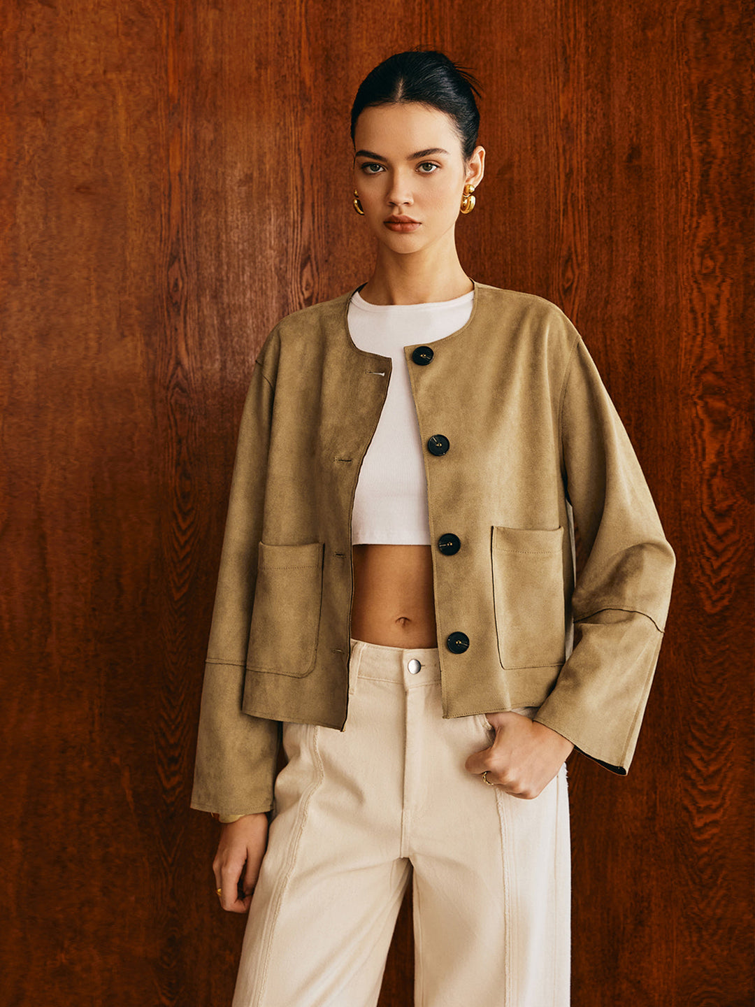 Veste Courte en Daim Synthétique Beige | Minimaliste & Moderne | Coupe Ample