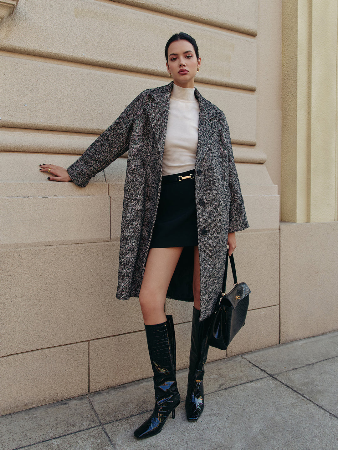 Manteau Mi-Long Tweed Gris | Élégance Classique | Style Polyvalent