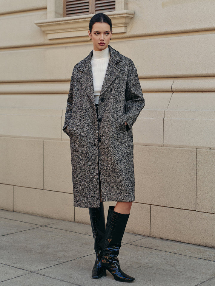 Manteau Mi-Long Tweed Gris | Élégance Classique | Style Polyvalent