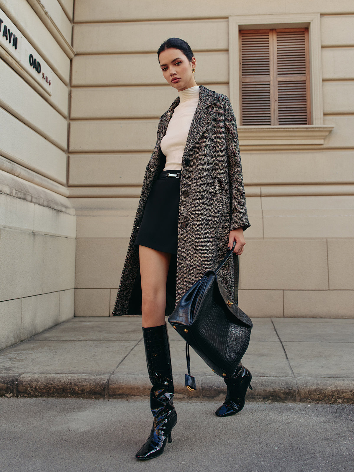 Manteau Mi-Long Tweed Gris | Élégance Classique | Style Polyvalent