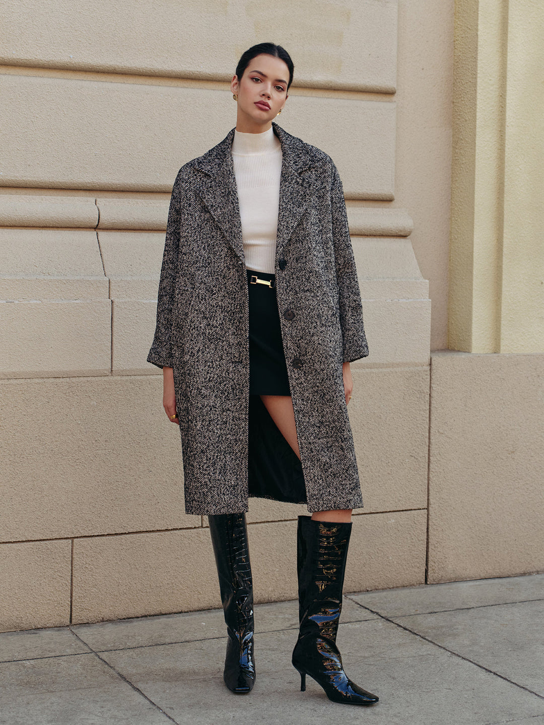 Manteau Mi-Long Tweed Gris | Élégance Classique | Style Polyvalent