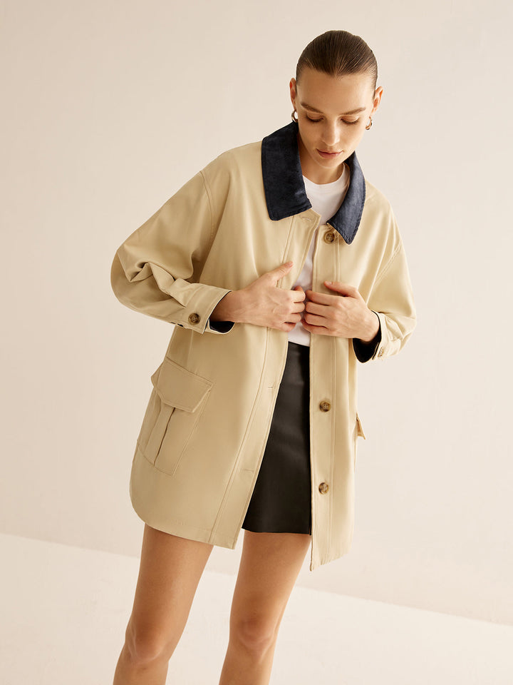 Veste Beige avec Col Contrasté | Élégante & Polyvalente | Look Automnal