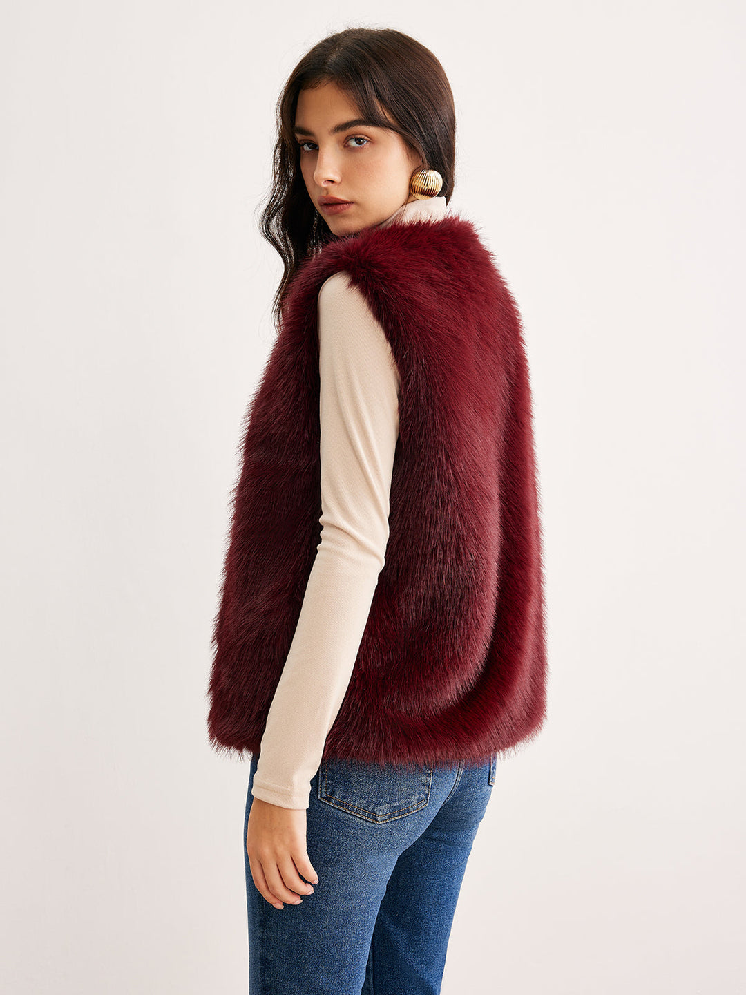 Gilet en Fausse Fourrure Bordeaux | Sans Manches | Style Luxueux