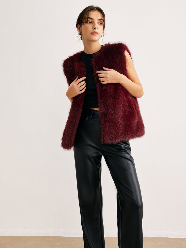 Gilet en Fausse Fourrure Bordeaux | Sans Manches | Style Luxueux