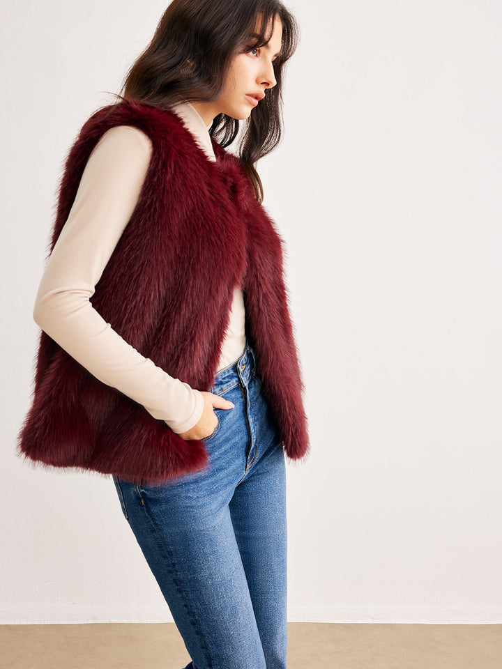 Gilet en Fausse Fourrure Bordeaux | Sans Manches | Style Luxueux