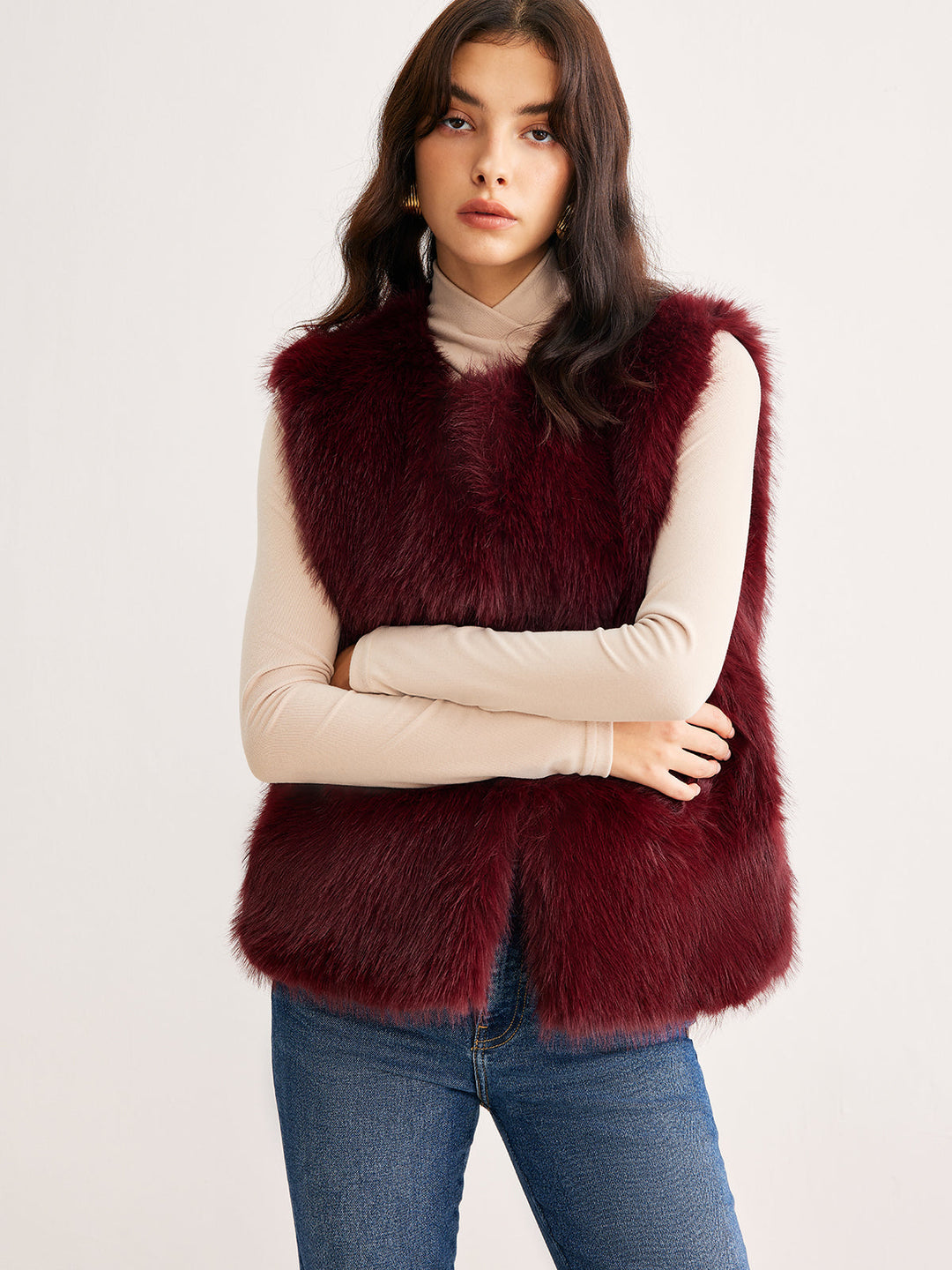 Gilet en Fausse Fourrure Bordeaux | Sans Manches | Style Luxueux
