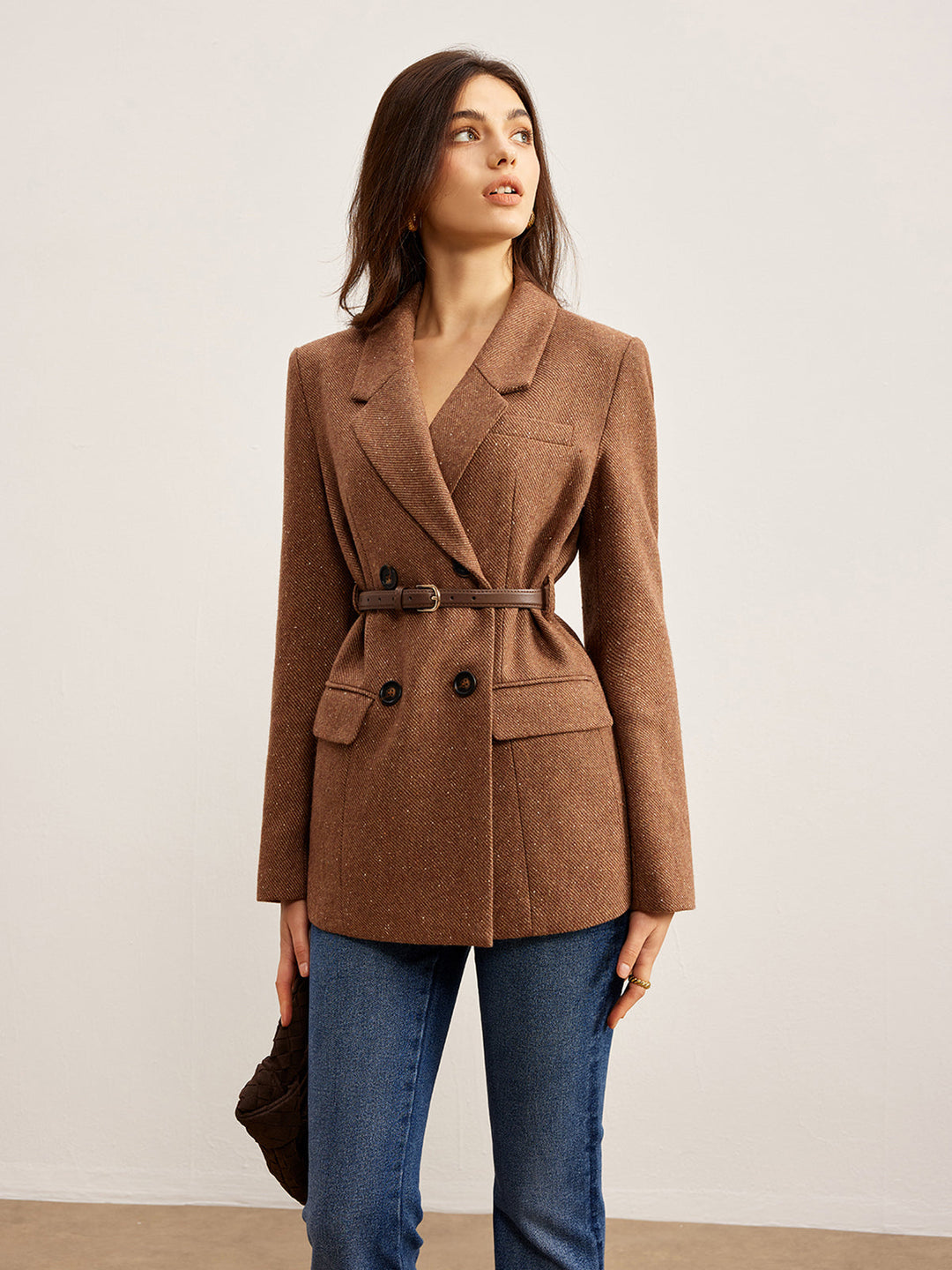 Blazer Ceinturé Marron | Double Boutonnage | Élégance Structurée