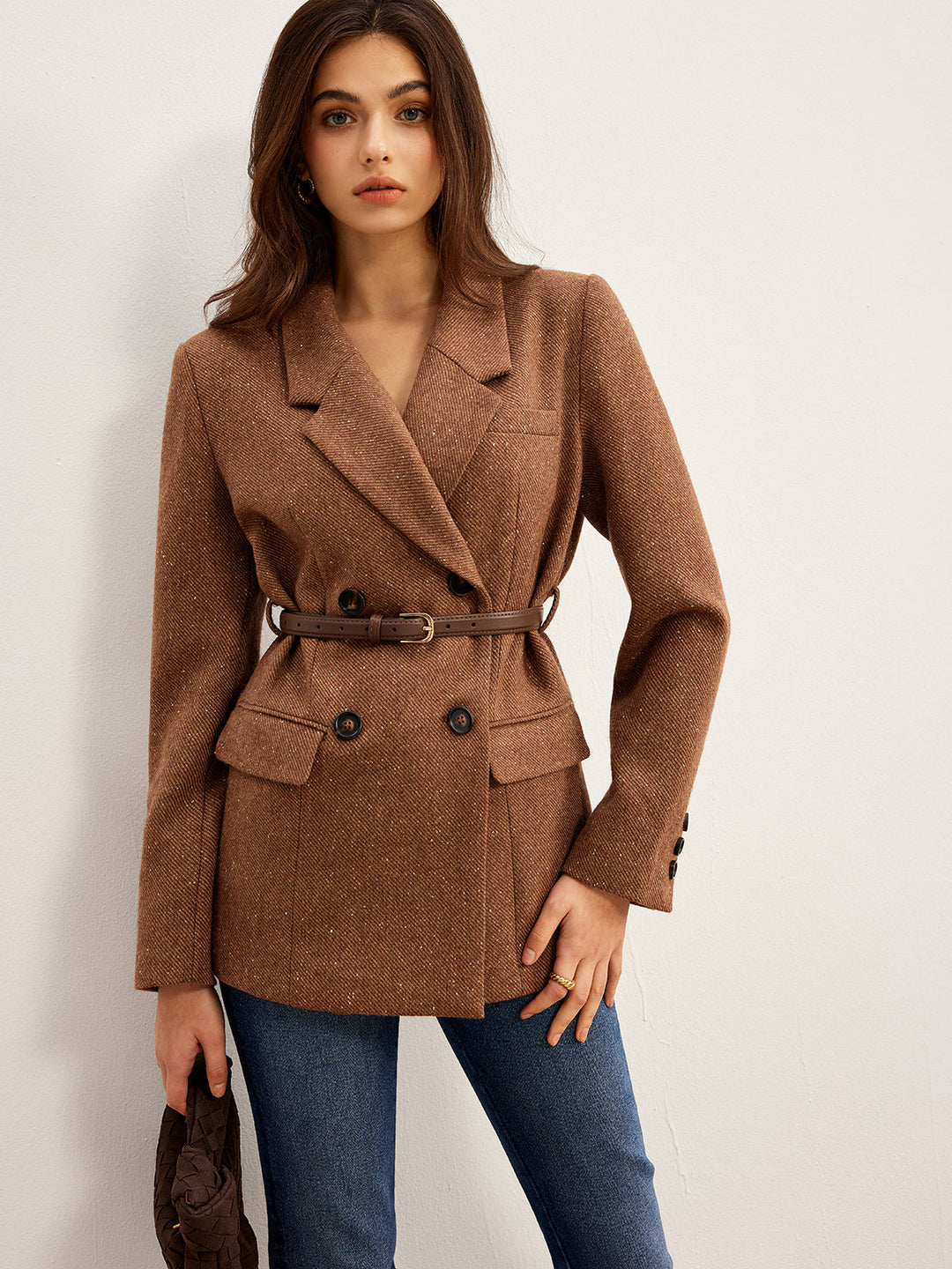 Blazer Ceinturé Marron | Double Boutonnage | Élégance Structurée