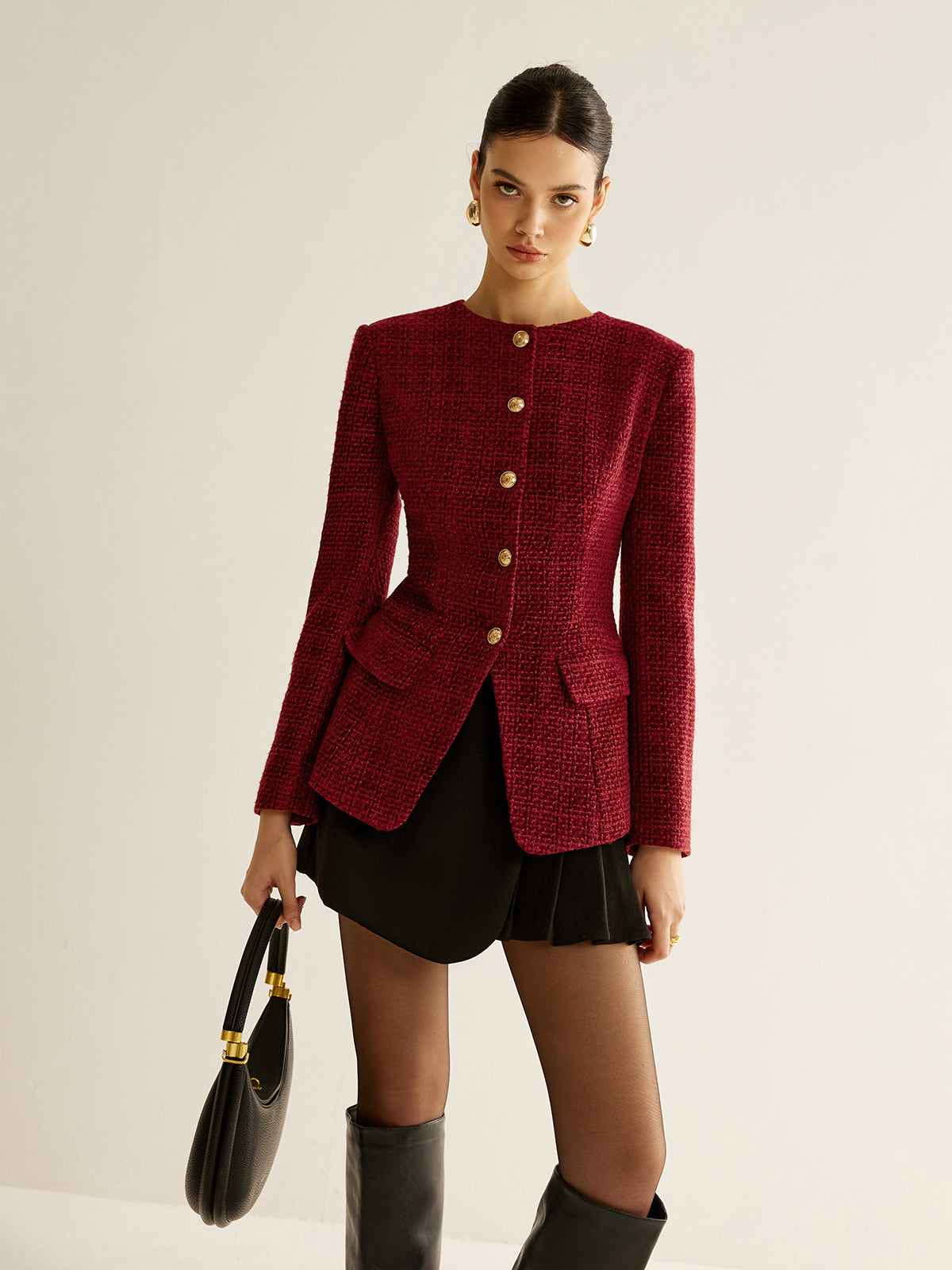 Blazer Rouge en Tweed | Boutons Dorés | Élégance Structurée