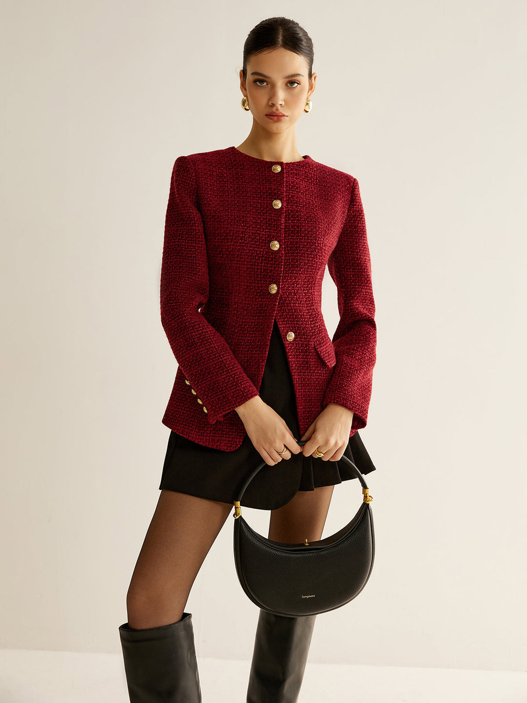 Blazer Rouge en Tweed | Boutons Dorés | Élégance Structurée