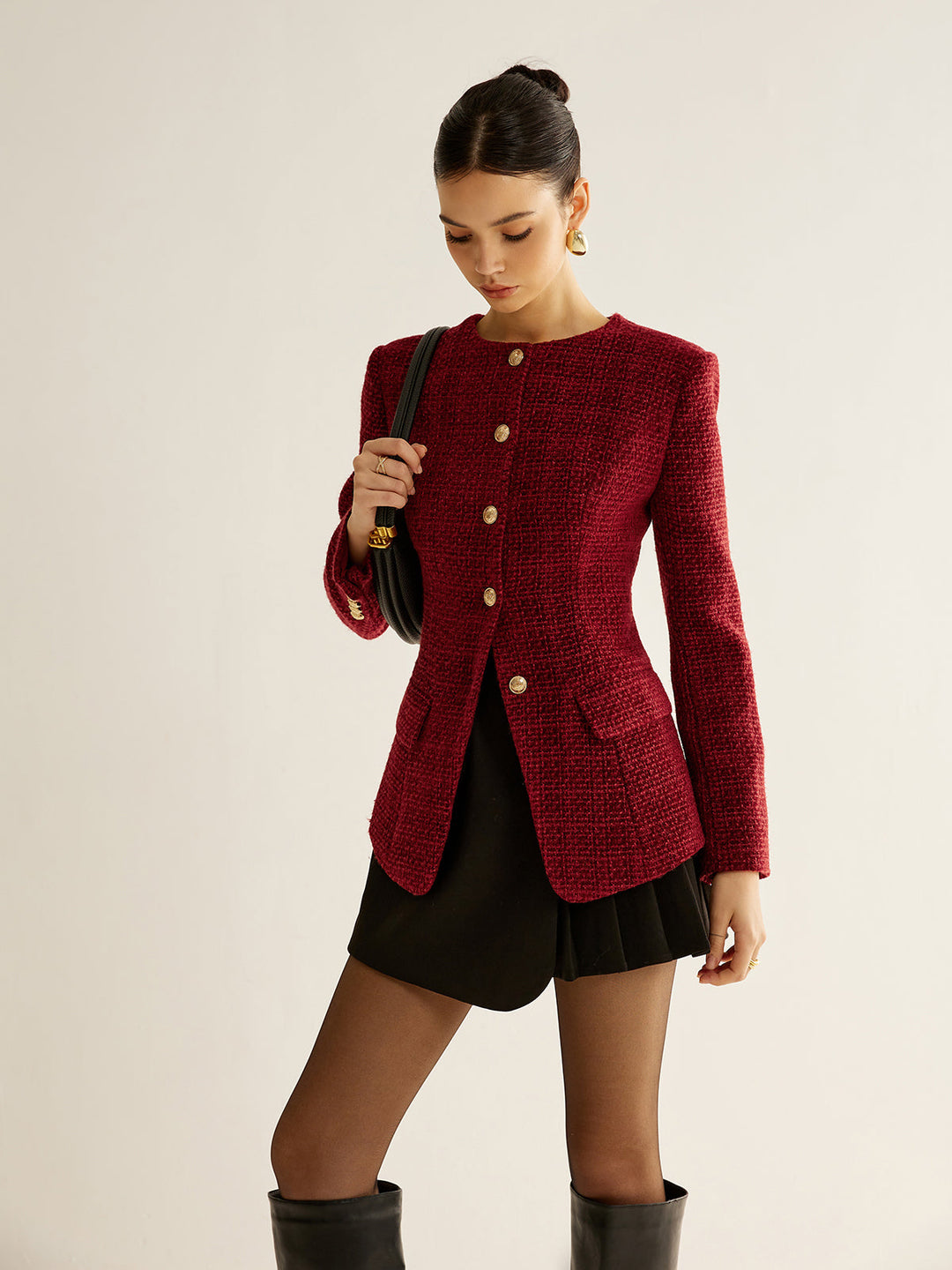 Blazer Rouge en Tweed | Boutons Dorés | Élégance Structurée