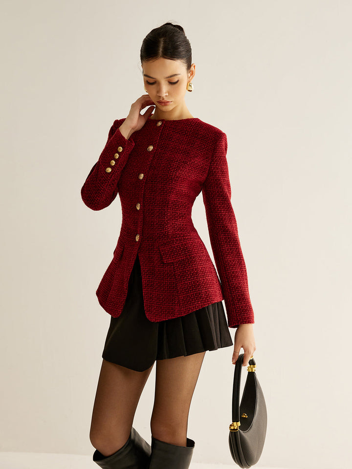 Blazer Rouge en Tweed | Boutons Dorés | Élégance Structurée