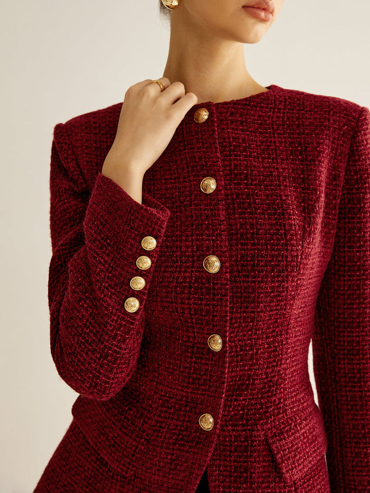 Blazer Rouge en Tweed | Boutons Dorés | Élégance Structurée